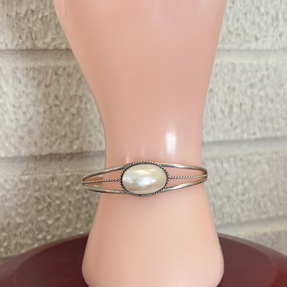 Silver Genuine Mother of Pearl Cuff Bracelet Handmade Vintage